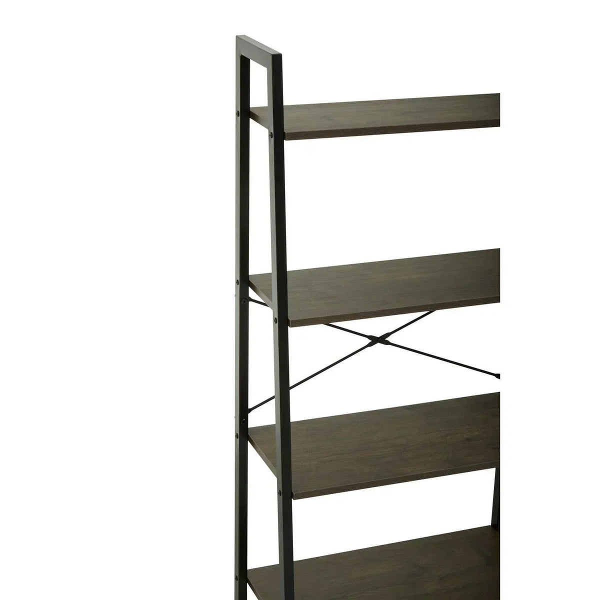 Industrial style shelving unit with black metal frame and wood shelves, side view