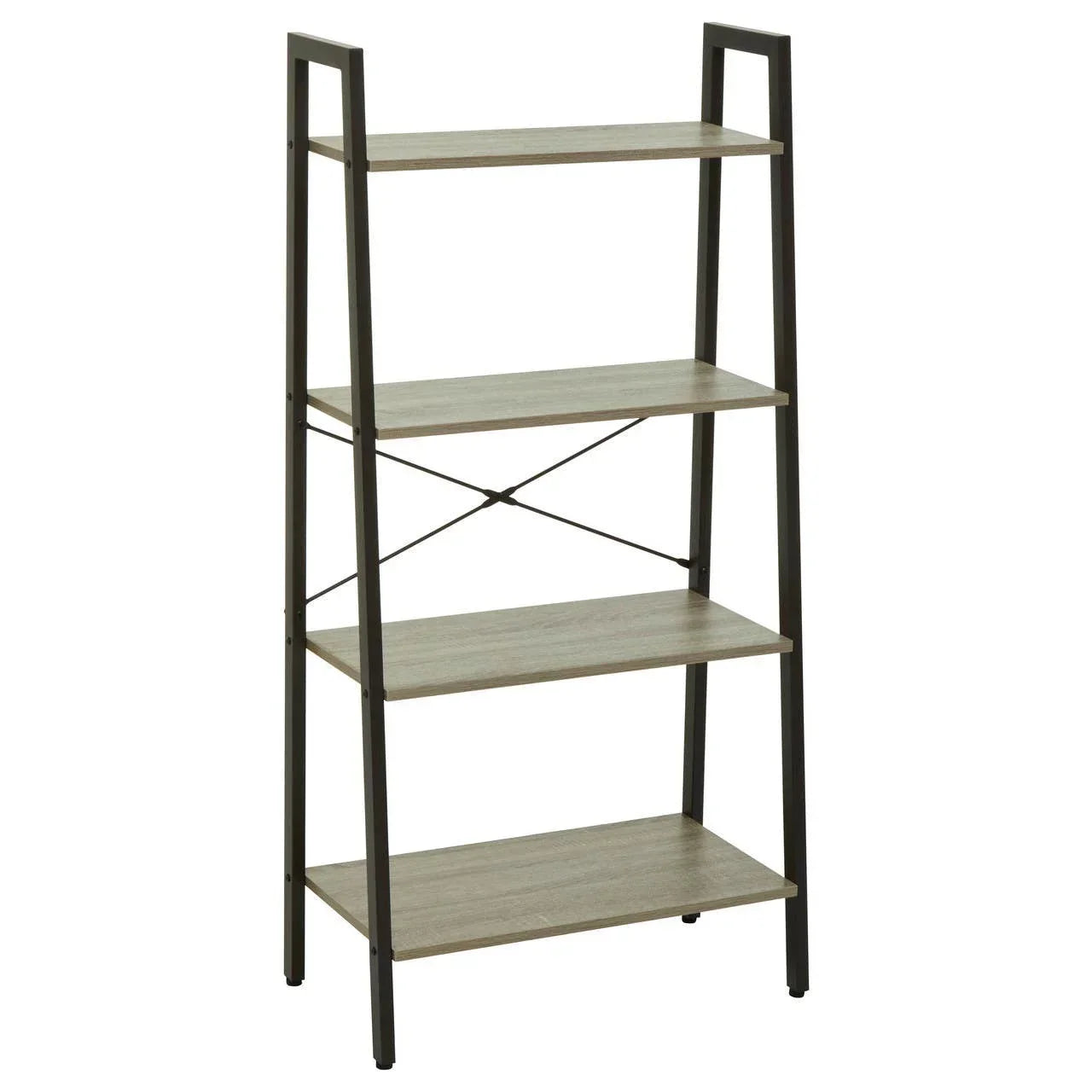 Four tier shelving unit with light wood shelves and black metal frame
