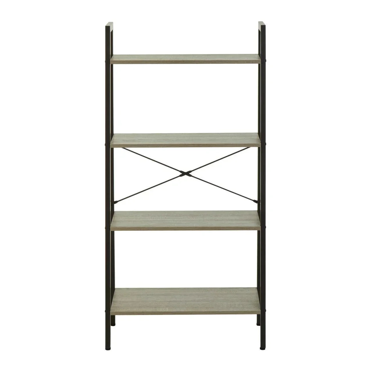 Four tier wood and metal shelving unit with cross brace, front view