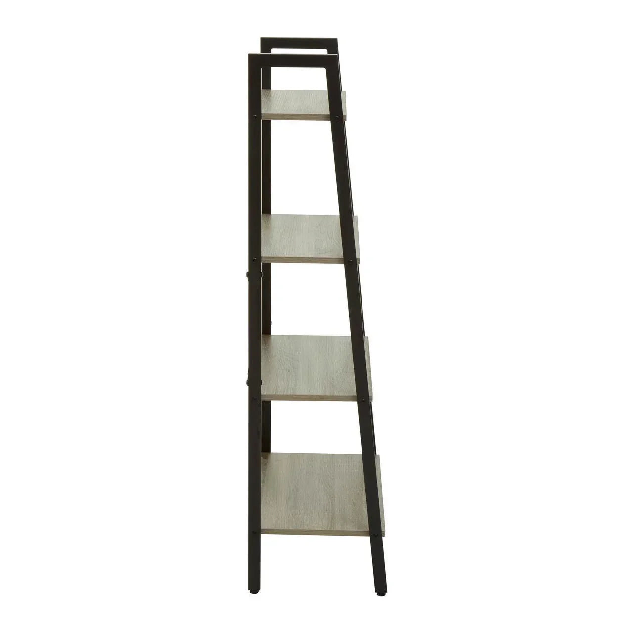 Side profile of ladder bookshelf with four wooden shelves and black metal frame