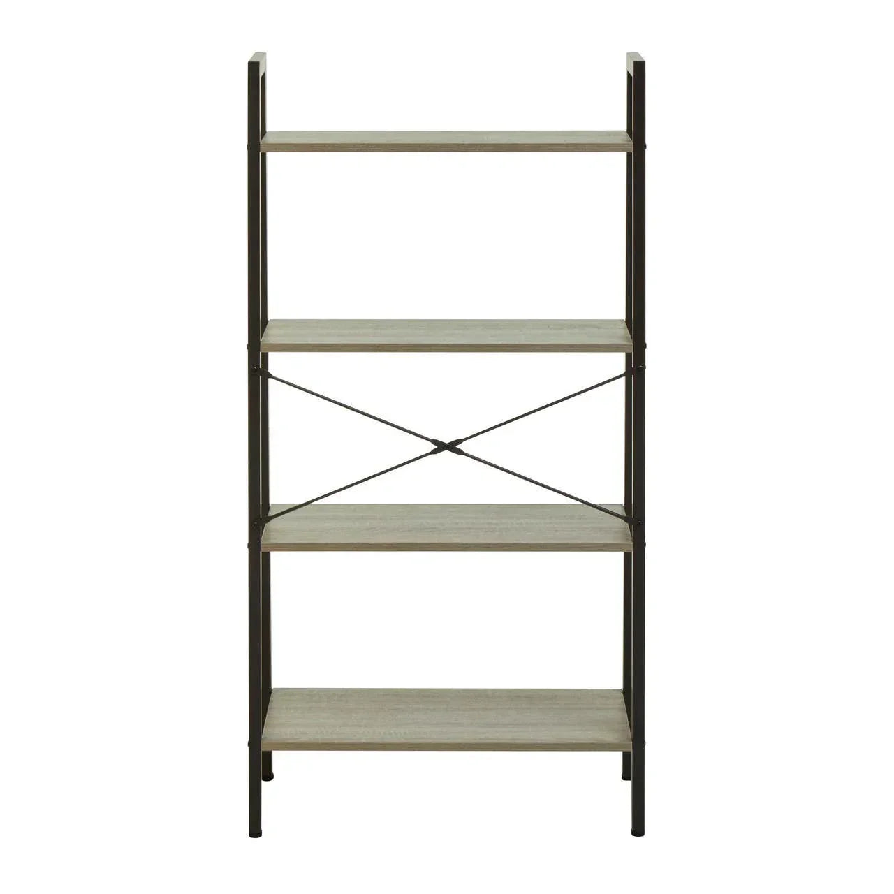 Industrial bookshelf with black metal frame and four light wood shelves front view