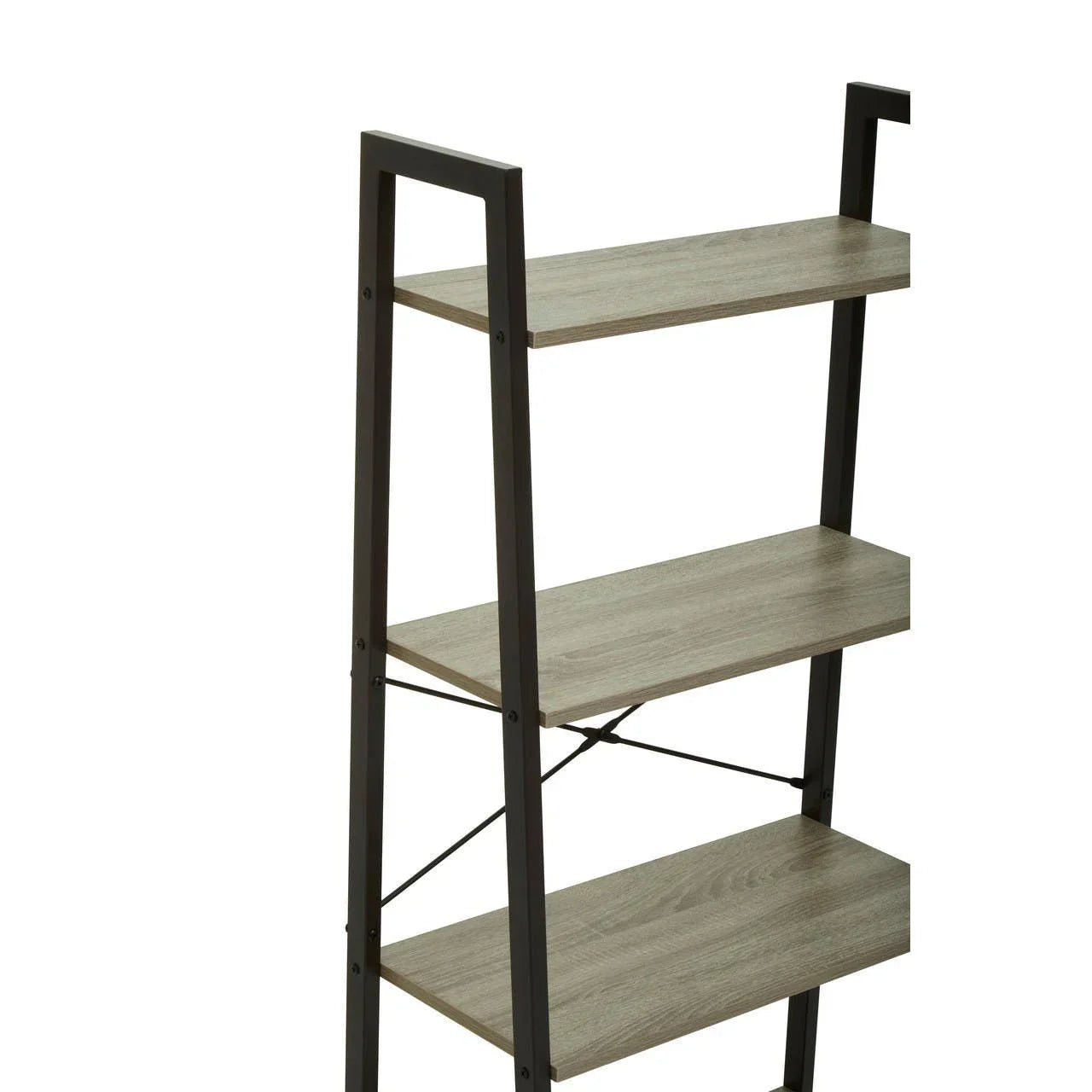 Modern wooden shelving unit with black metal frame and three open shelves
