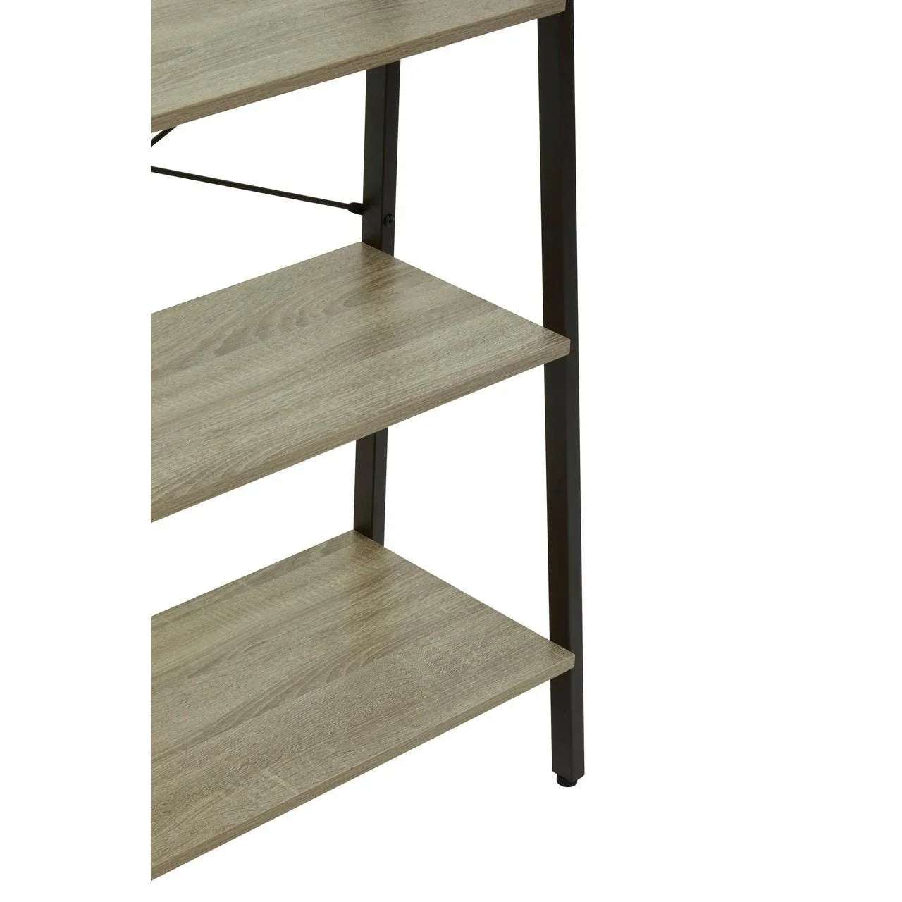 Wood effect shelving unit with black metal frame, close view of three shelves