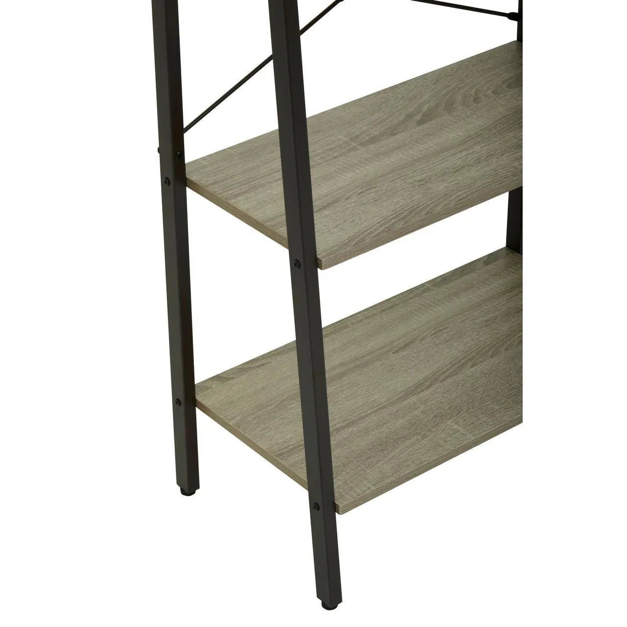 Closeup of shelving unit with wood shelves and black metal frame