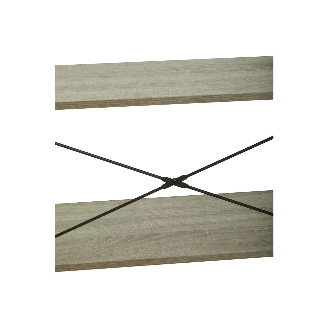 Closeup of wooden shelf with black metal cross support detail