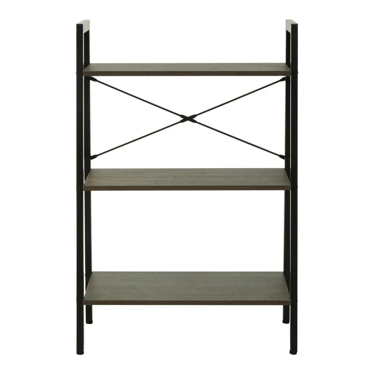 Three tier industrial bookcase with black metal frame and wood shelves, front view