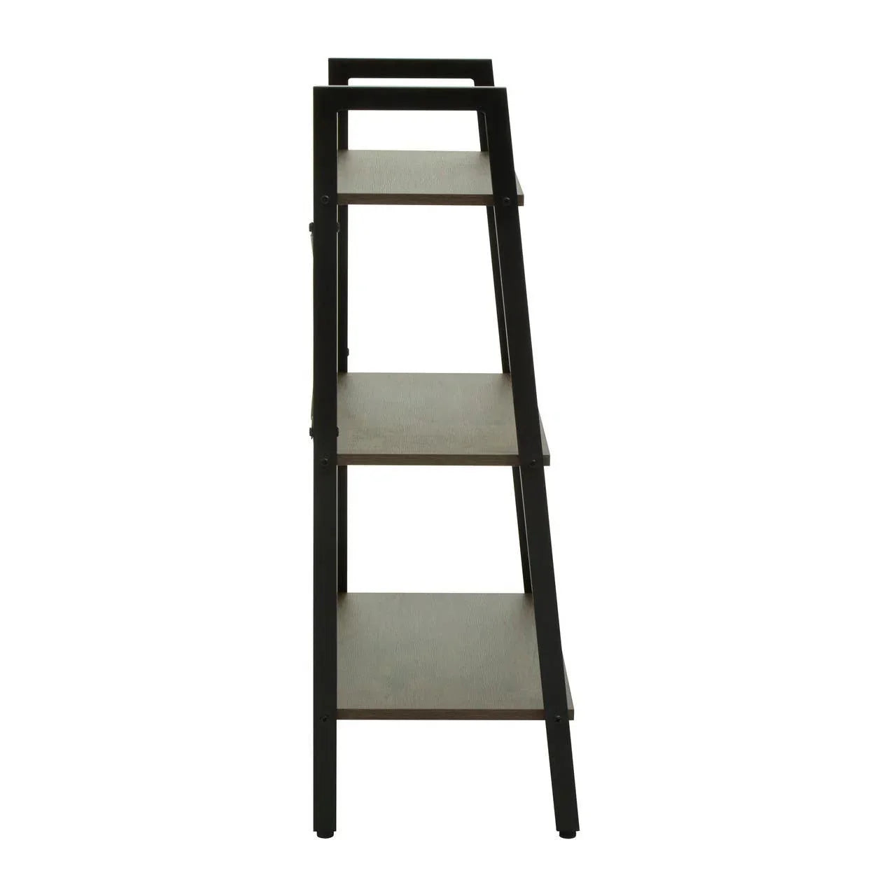 Side view of black metal and wood shelving unit with three tiers
