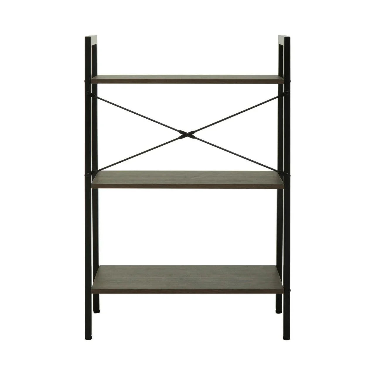 Three tier shelving unit with black metal frame and wood shelves, front view