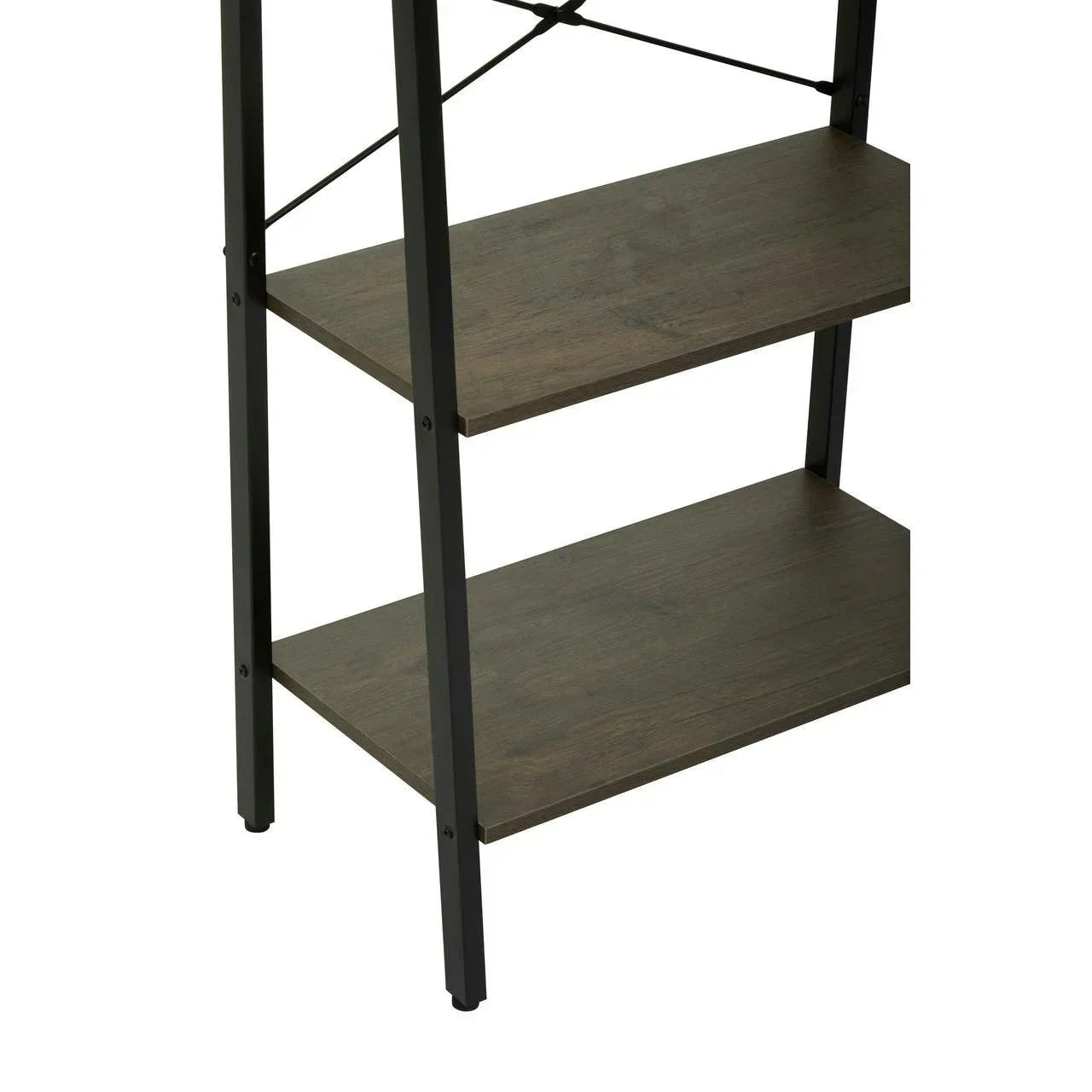 Closeup of bookshelf with dark wood shelves and black metal frame