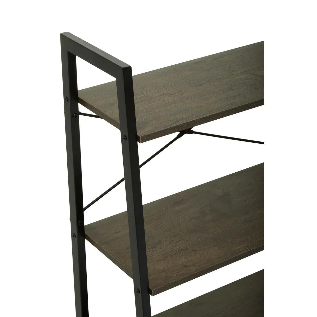 Close view of industrial bookshelf with dark wood shelves and black metal frame