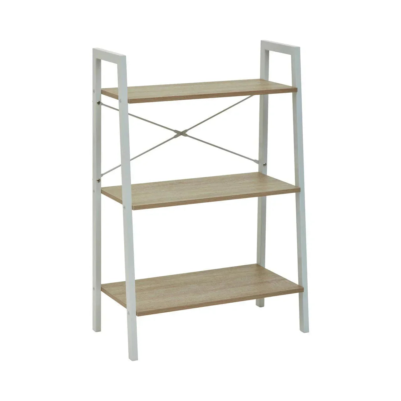 Three tier wooden shelving unit with white metal frame and open back design