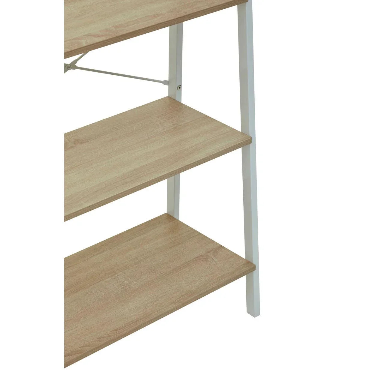 Light wood shelving unit with white metal frame and three open shelves, side view