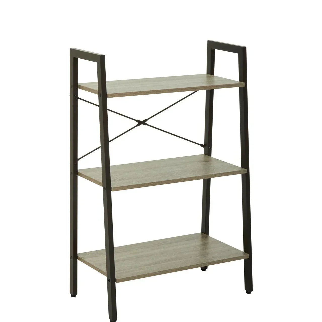 Three tier wooden shelving unit with black metal frame and crossbar support