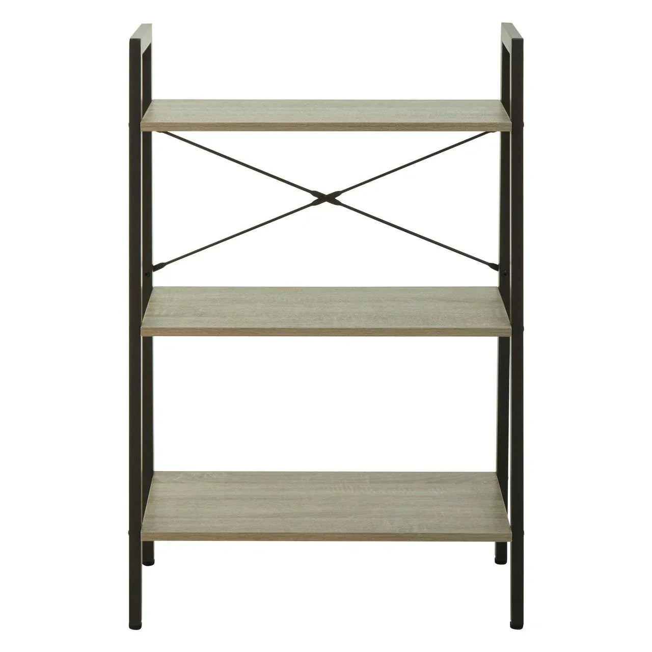 Three tier wooden shelving unit with black metal frame and cross brace design