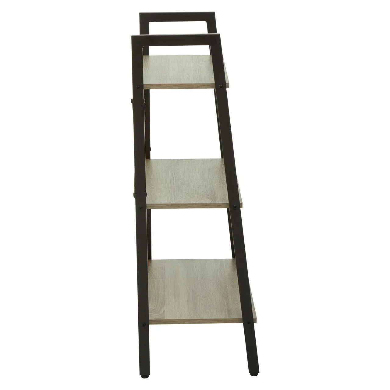 Side view of ladder bookcase with three wooden shelves and black metal frame