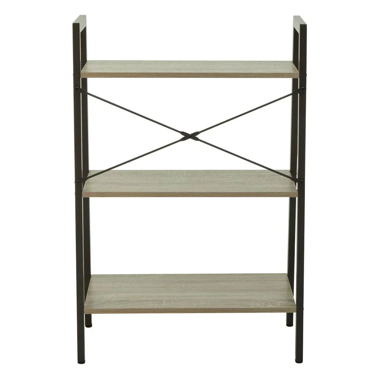 Three tier shelving unit with wood shelves and black metal frame, front view
