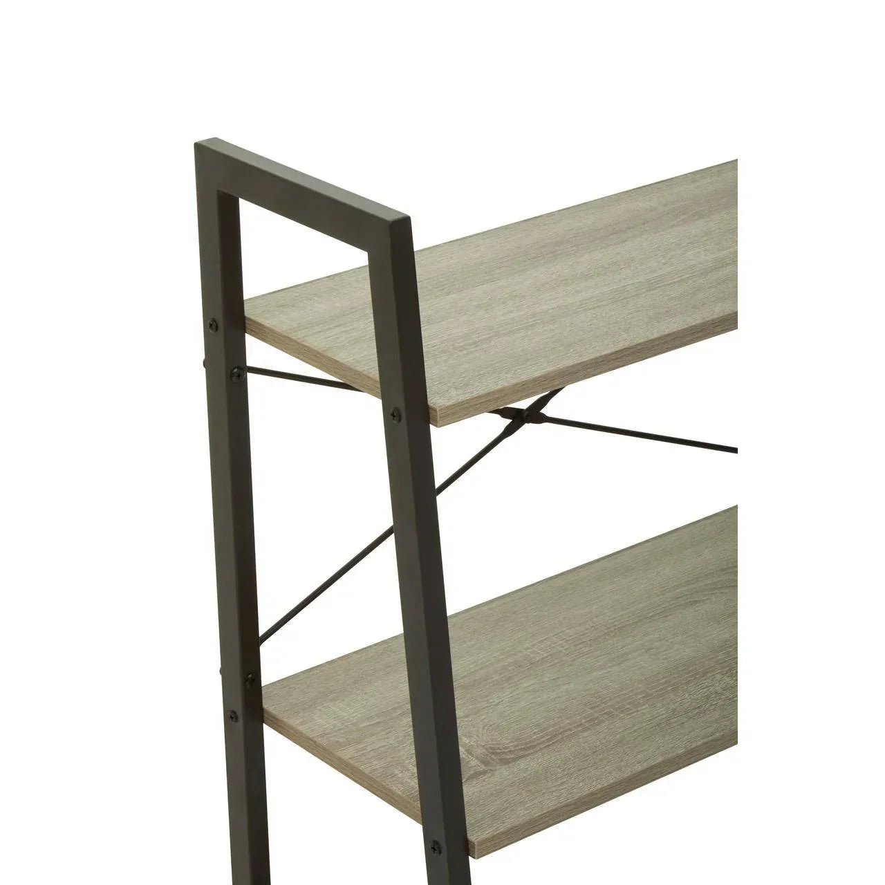 Close-up of wooden shelving unit with black metal frame and crossbar supports