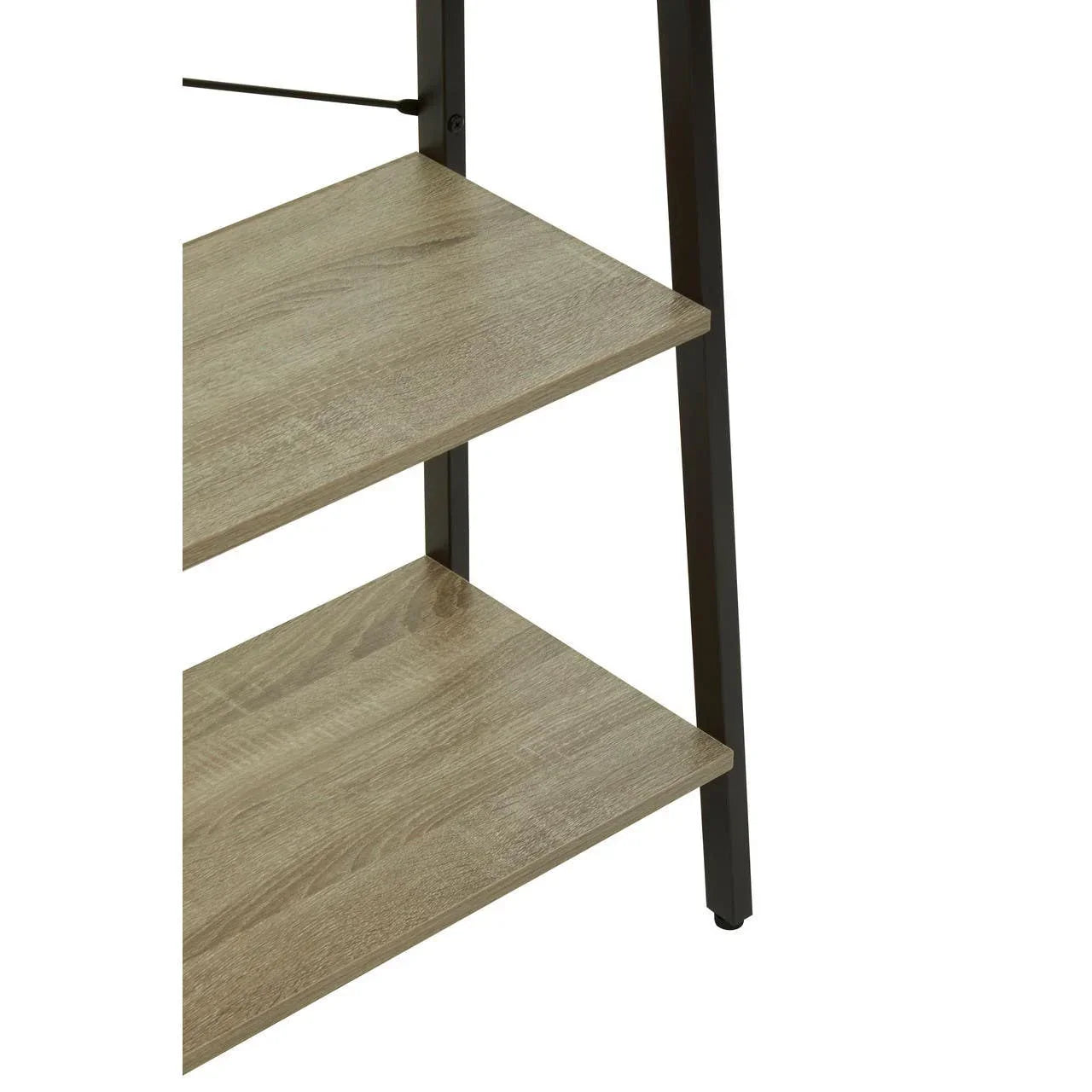 Close view of wood and metal shelving unit with two oak finish shelves