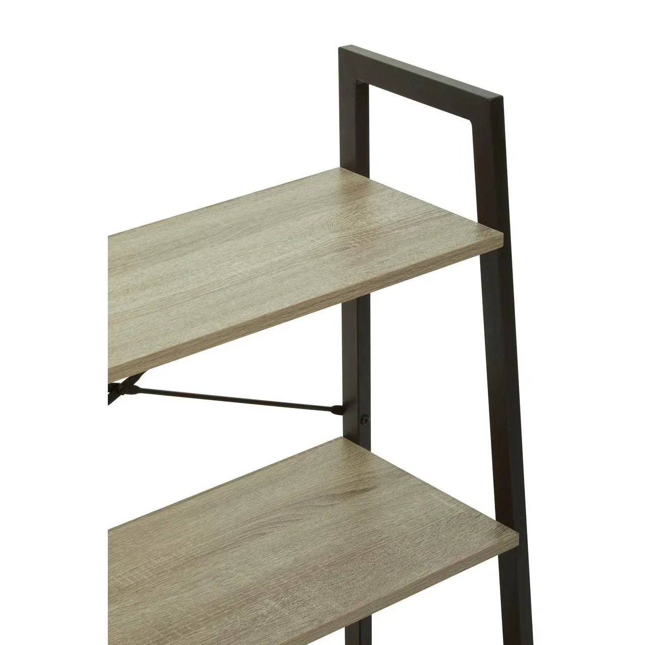 Close view of wooden shelving unit with black metal frame and two shelves