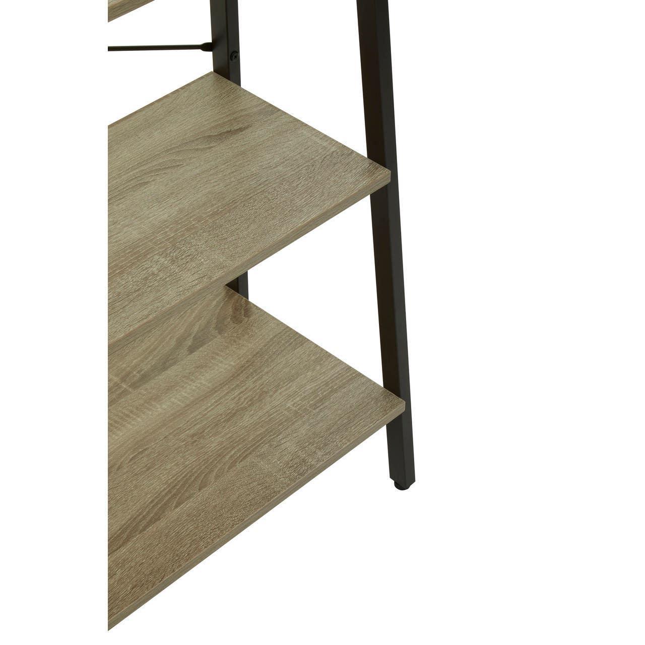 Close view of wooden shelving unit with black metal frame and two oak shelves