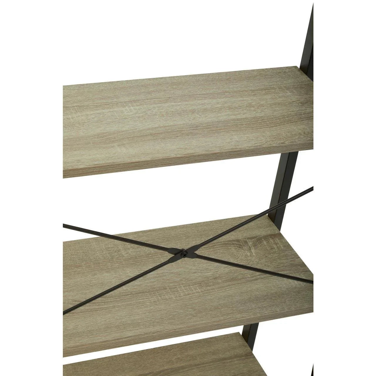 Oak effect shelving unit with black metal cross frame detail