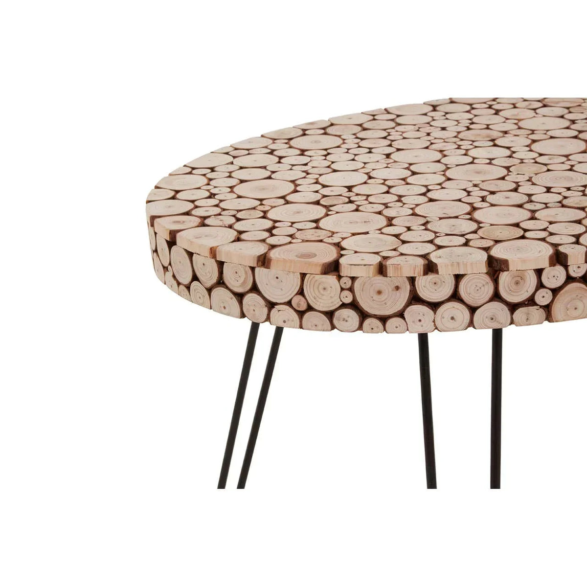 Round wooden coffee table with branch slice top and black metal hairpin legs