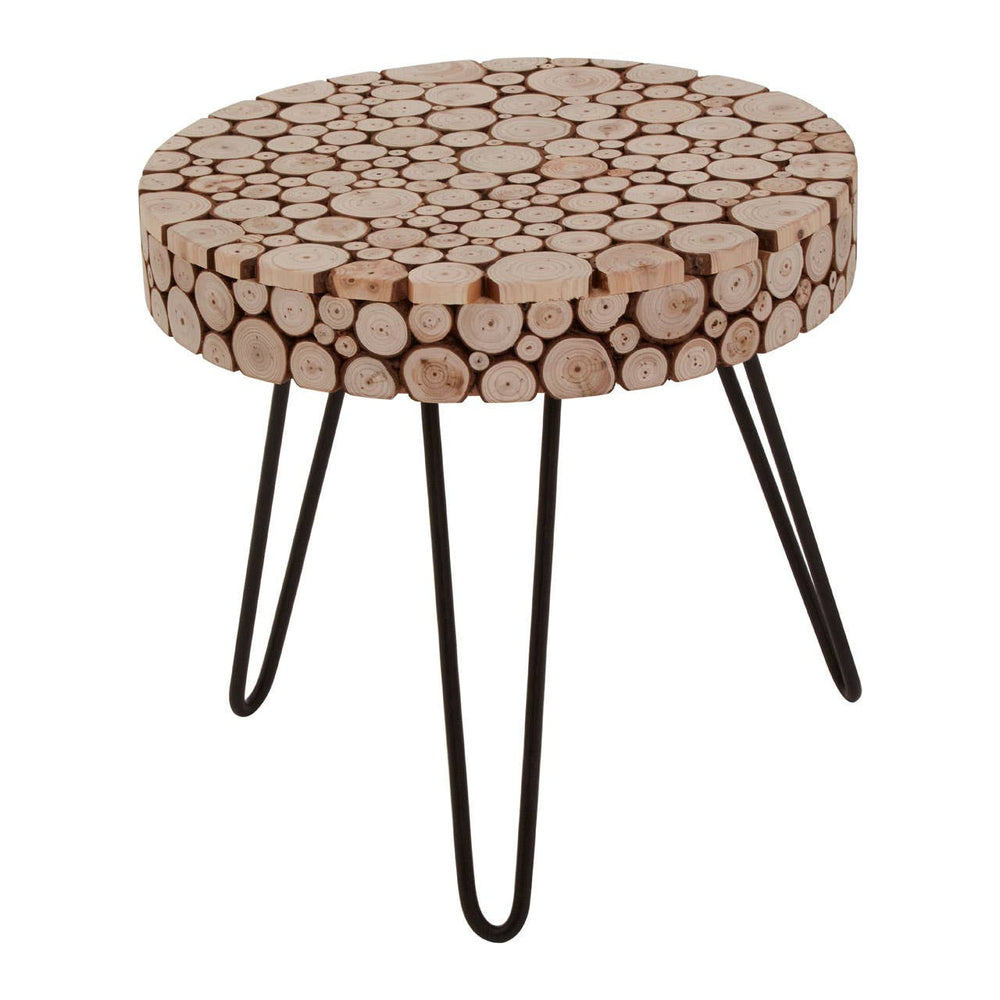 Round side table featuring a mosaic top made of fir wood discs in natural tones, supported by three slender black metal legs. The table has a smooth, circular surface and a modern design, suitable for various home decor styles