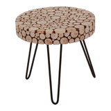 Round side table featuring a mosaic top made of fir wood discs in natural tones, supported by three slender black metal legs. The table has a smooth, circular surface and a modern design, suitable for various home decor styles