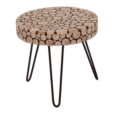 Round side table featuring a mosaic top made of fir wood discs in natural tones, supported by three slender black metal legs. The table has a smooth, circular surface and a modern design, suitable for various home decor styles