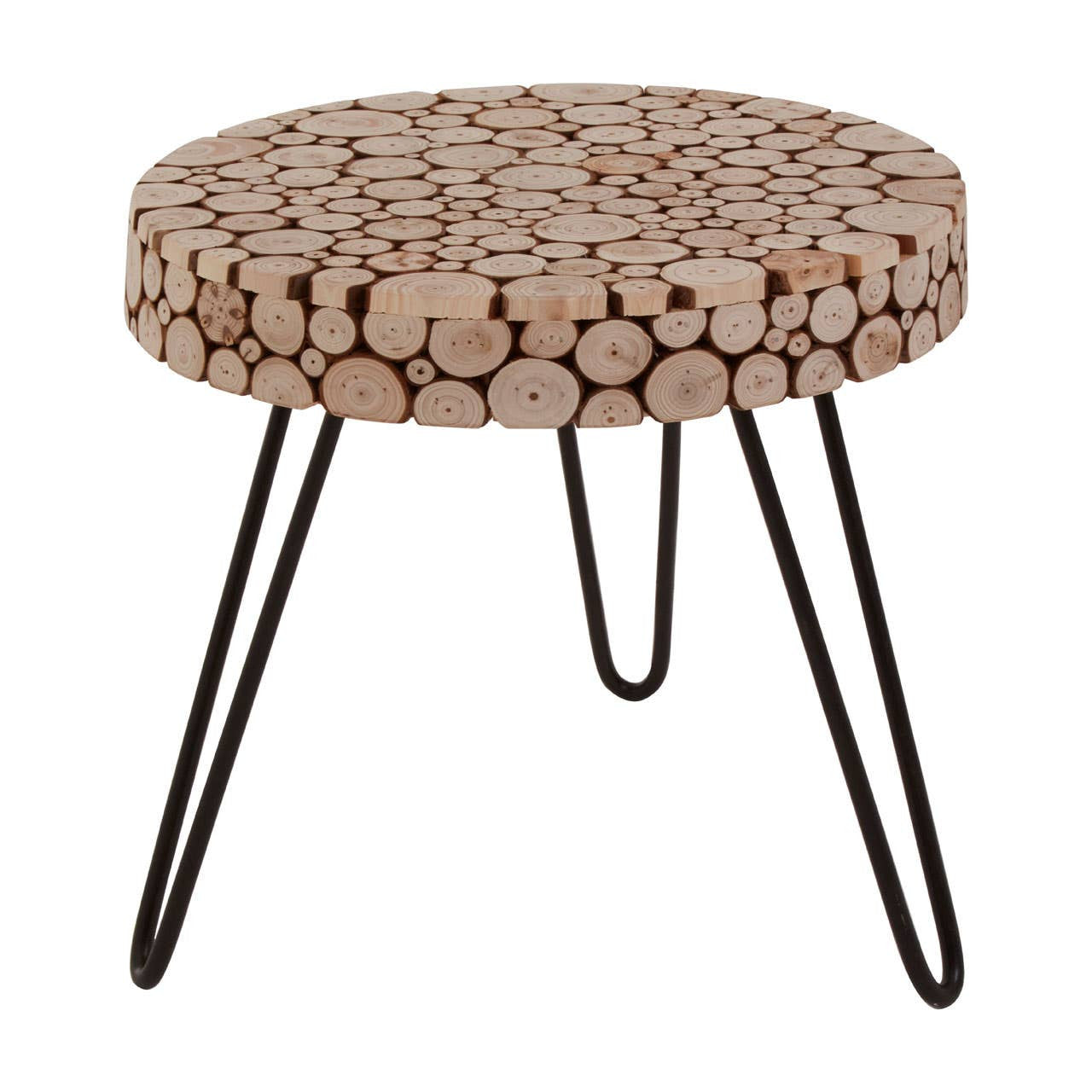 Round side table featuring a mosaic top made of fir wood discs in varying sizes, showcasing natural wood tones. The table is supported by three slender black metal legs, creating a modern and stylish look suitable for various home decor styles