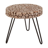 Round side table featuring a mosaic top made of fir wood discs in varying sizes, showcasing natural wood tones. The table is supported by three slender black metal legs, creating a modern and stylish look suitable for various home decor styles