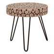 Round side table featuring a mosaic design made of fir wood discs, with a natural wood finish. The table is supported by four slender black metal legs, creating a modern and stylish look suitable for various home decor styles