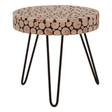 Round side table featuring a mosaic design made of fir wood discs, with a natural wood finish. The table is supported by four slender black metal legs, creating a modern and stylish look suitable for various home decor styles