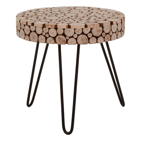 Round side table featuring a mosaic design made of fir wood discs, with a natural wood finish. The table is supported by four slender black metal legs, creating a modern and stylish look suitable for various home decor styles