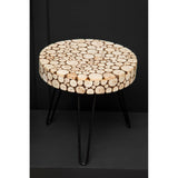 Round side table featuring a mosaic top made of fir wood discs in a natural finish, supported by three slender black metal legs. The table has a modern and artistic design, suitable for various home decor styles