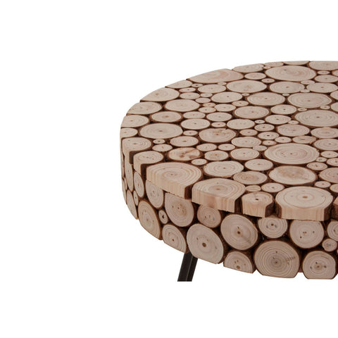 Round side table featuring a mosaic design made of fir wood discs, showcasing a natural wood finish with varying shades and textures. The table has a smooth, circular top and slender black legs for support