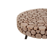 Round side table featuring a mosaic design made of fir wood discs, showcasing a natural wood finish with varying shades and textures. The table has a smooth, circular top and slender black legs for support