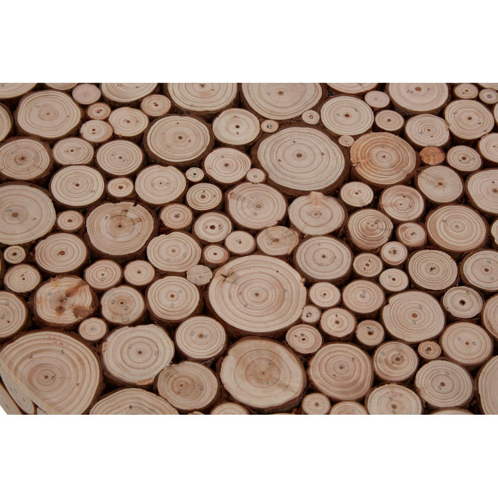 Round side table featuring a mosaic design made of various sizes of fir wood discs, showcasing natural wood tones and textures. The table surface is flat and smooth, with a unique arrangement of circular wood pieces
