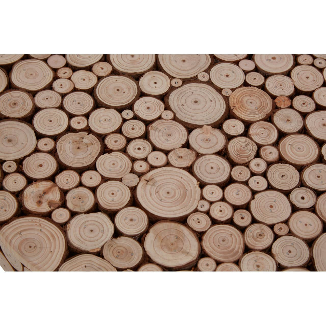 Round side table featuring a mosaic design made of various sizes of fir wood discs, showcasing natural wood tones and textures. The table surface is flat and smooth, with a unique arrangement of circular wood pieces