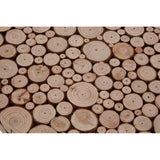 Round side table featuring a mosaic design made of various sizes of fir wood discs, showcasing natural wood tones and textures. The table surface is flat and smooth, with a unique arrangement of circular wood pieces
