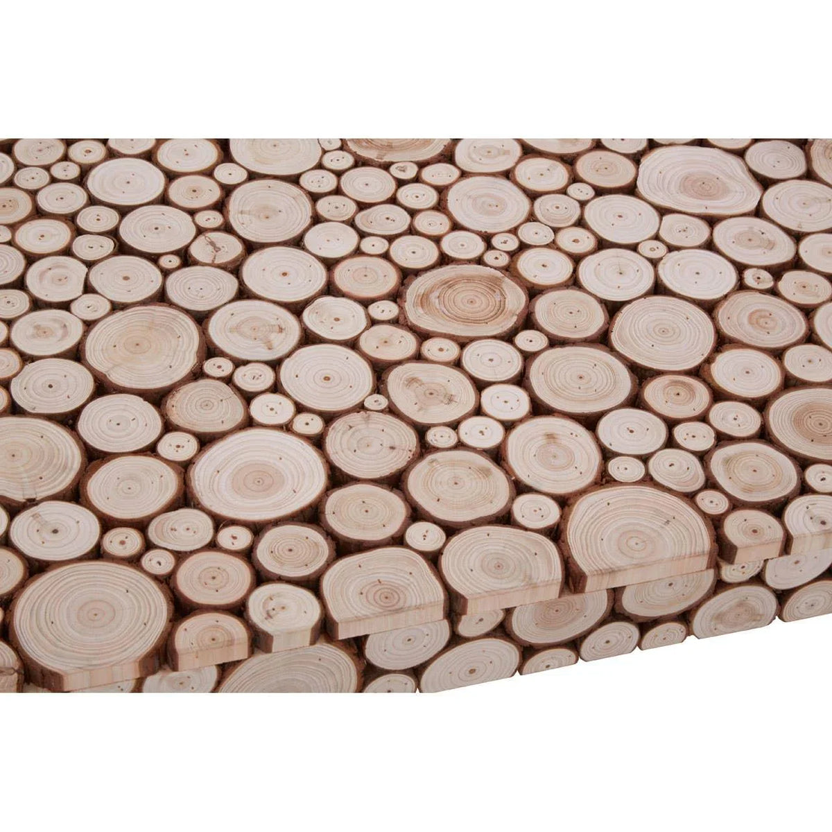 Natural wood coffee table with round log slices in various sizes