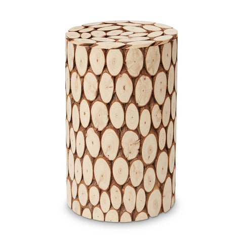 Round side table or stool made from fir wood, featuring a mosaic design of circular wood slices in varying shades of light and dark brown, with a smooth, cylindrical shape
