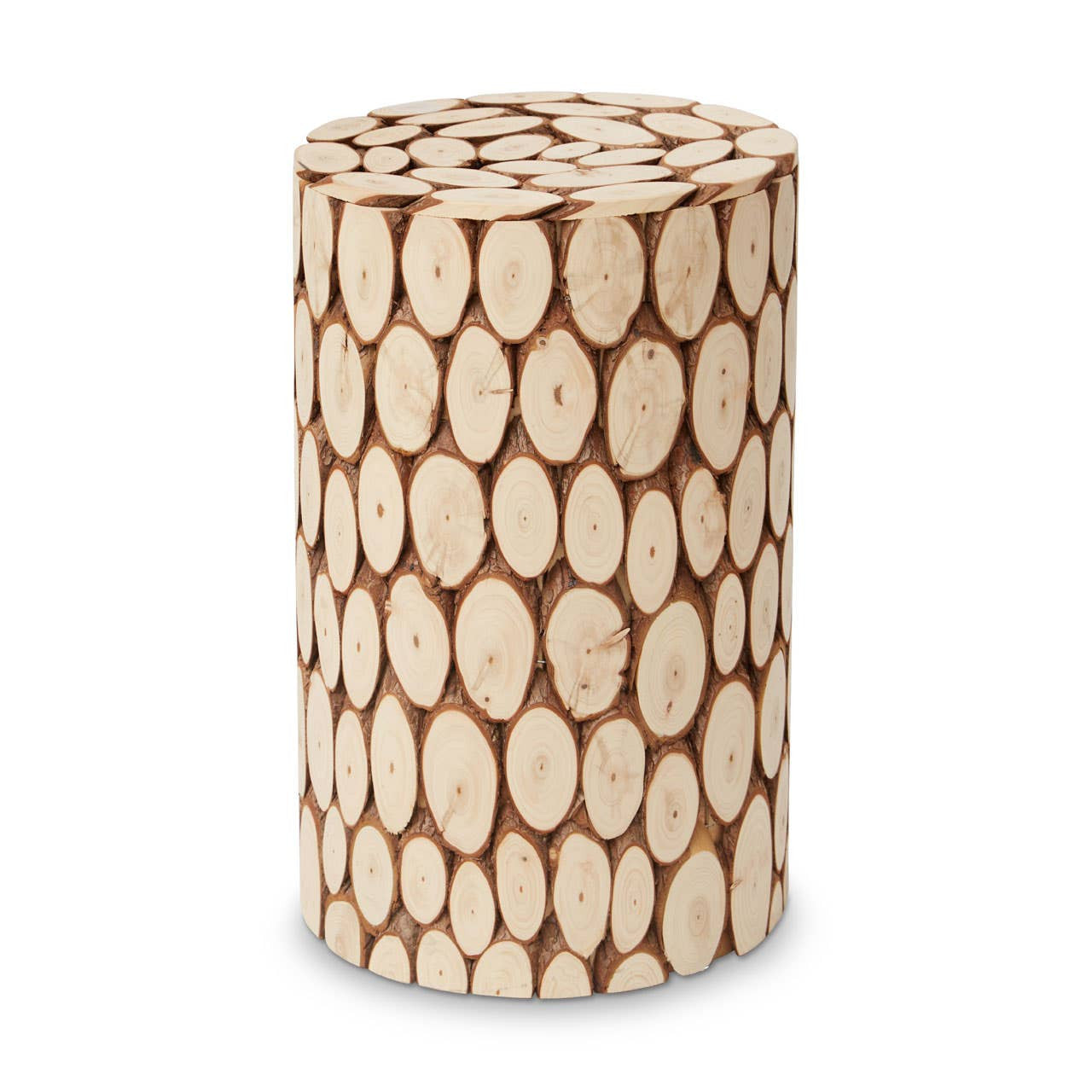 Round side table or stool made from fir wood, featuring a mosaic design of circular wood slices in varying shades of light and dark brown, with a smooth, cylindrical shape