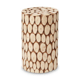 Round side table or stool made from fir wood, featuring a mosaic design of circular wood slices in varying shades of light and dark brown, with a smooth, cylindrical shape