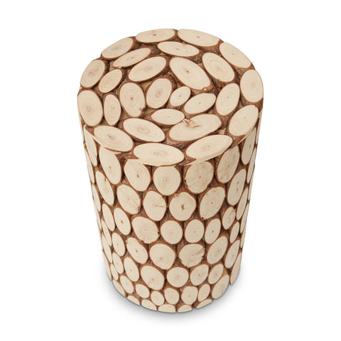 Round side table or stool made from fir wood, featuring a mosaic design with various oval-shaped wood pieces arranged in a pattern. The surface has a natural wood finish, showcasing light and dark tones. The table has a smooth, cylindrical shape and is suitable for indoor use