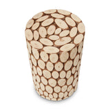 Round side table or stool made from fir wood, featuring a mosaic design with various oval-shaped wood pieces arranged in a pattern. The surface has a natural wood finish, showcasing light and dark tones. The table has a smooth, cylindrical shape and is suitable for indoor use