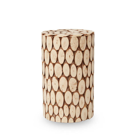 A cylindrical side table or stool made from fir wood, featuring a mosaic design with oval-shaped patterns in a natural wood finish. The surface is smooth, and the overall color is light with hints of warm tones