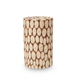 A cylindrical side table or stool made from fir wood, featuring a mosaic design with oval-shaped patterns in a natural wood finish. The surface is smooth, and the overall color is light with hints of warm tones