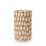 A cylindrical side table or stool made from fir wood, featuring a mosaic design with oval-shaped patterns in a natural wood finish. The surface is smooth, and the overall color is light with hints of warm tones