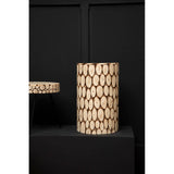 Lacuna Fir Wood Mosaic Disc Side Table and Stool featuring a cylindrical design with a mosaic pattern of circular wood discs in natural tones, set against a dark background